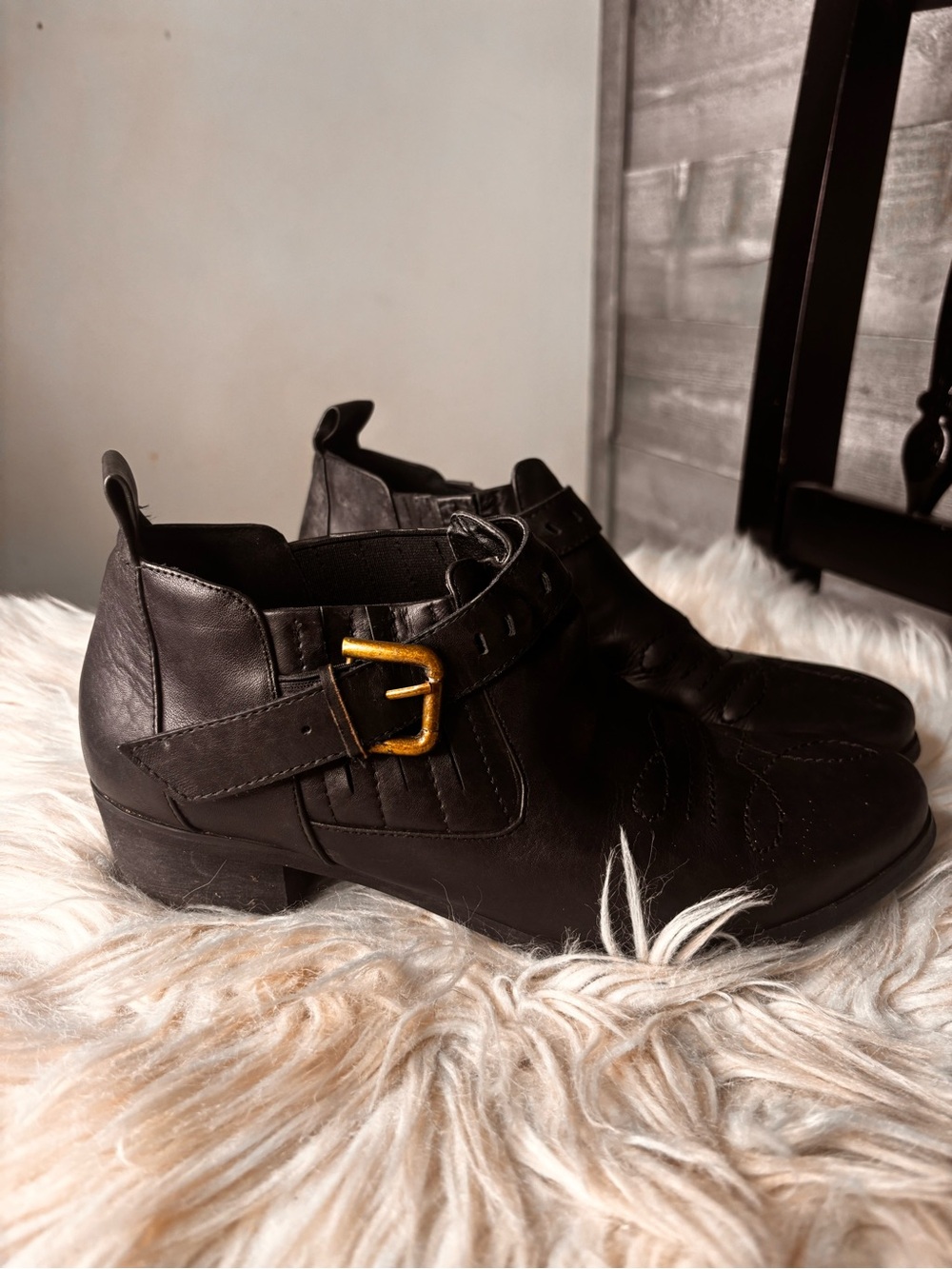 NYLA Black western cowgirl Leather Ankle Boot with Gold Buckle